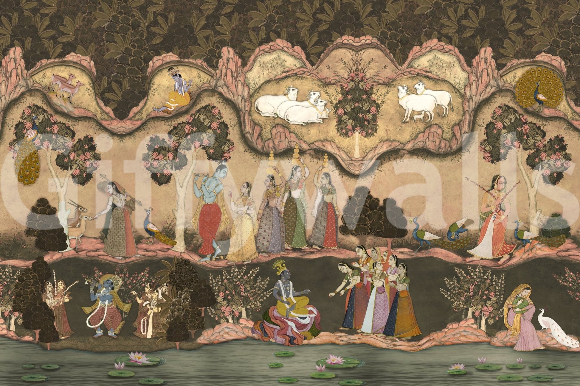 Decorative peacock scene and lotus water in Timeless Indian mural, GD8968