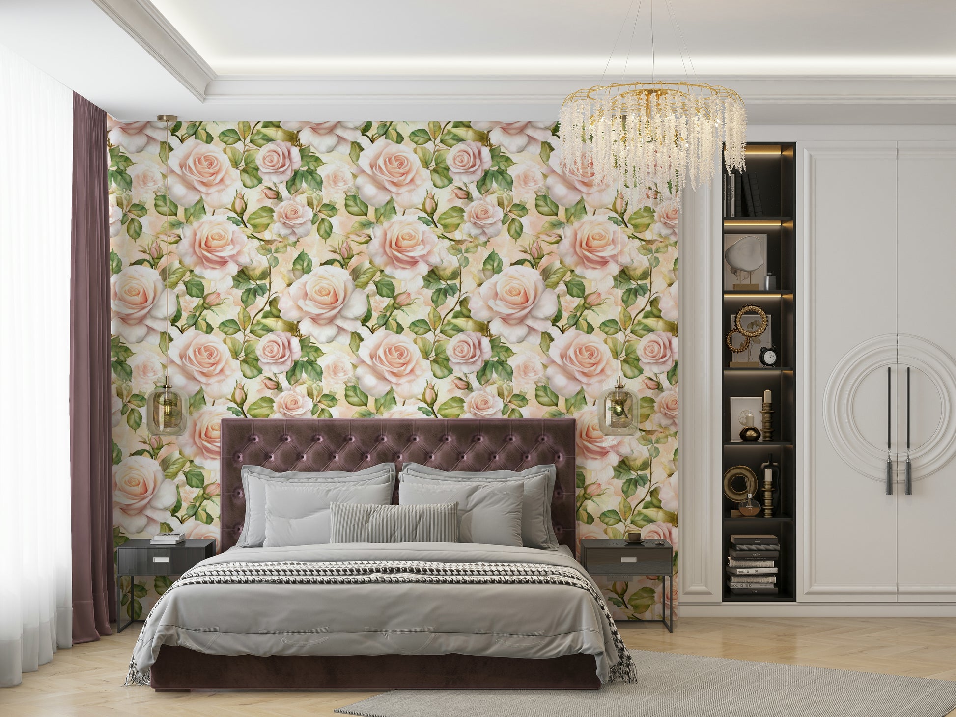 Vintage-inspired rose wallpaper for a timeless look.

