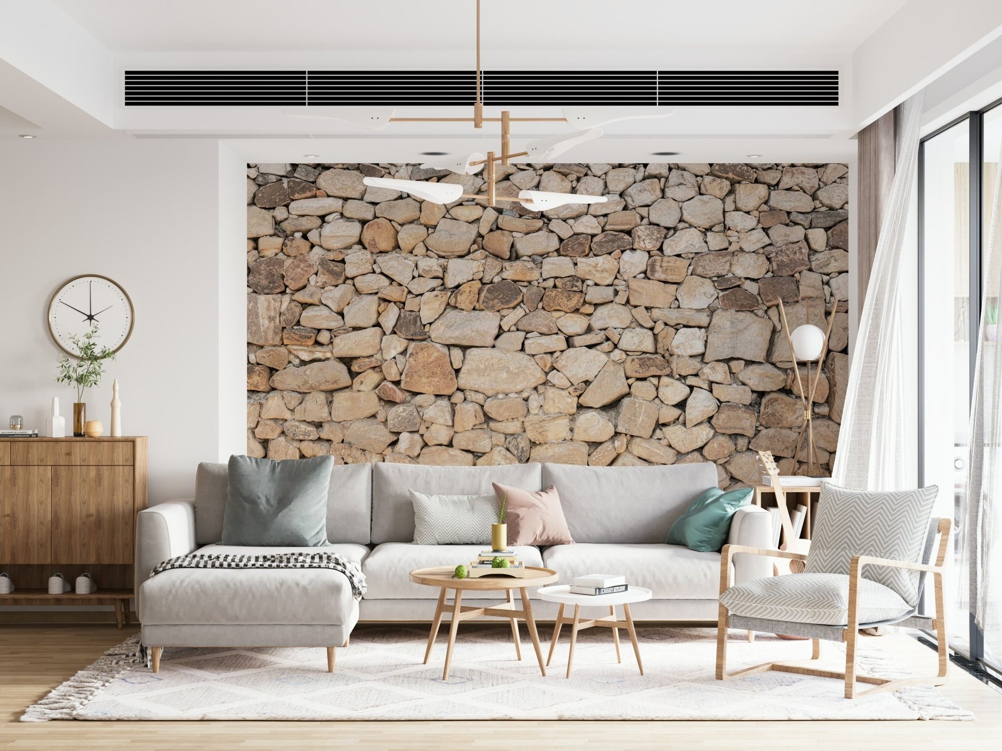 A hand applying the Timeless Stonework elegant stone mural.