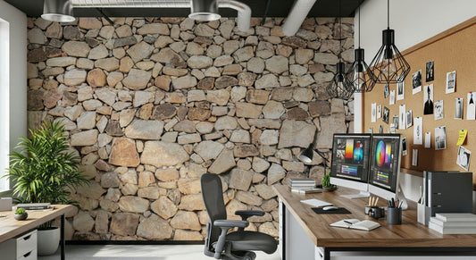 Full living room featuring the classic Timeless Stonework Wall Mural.