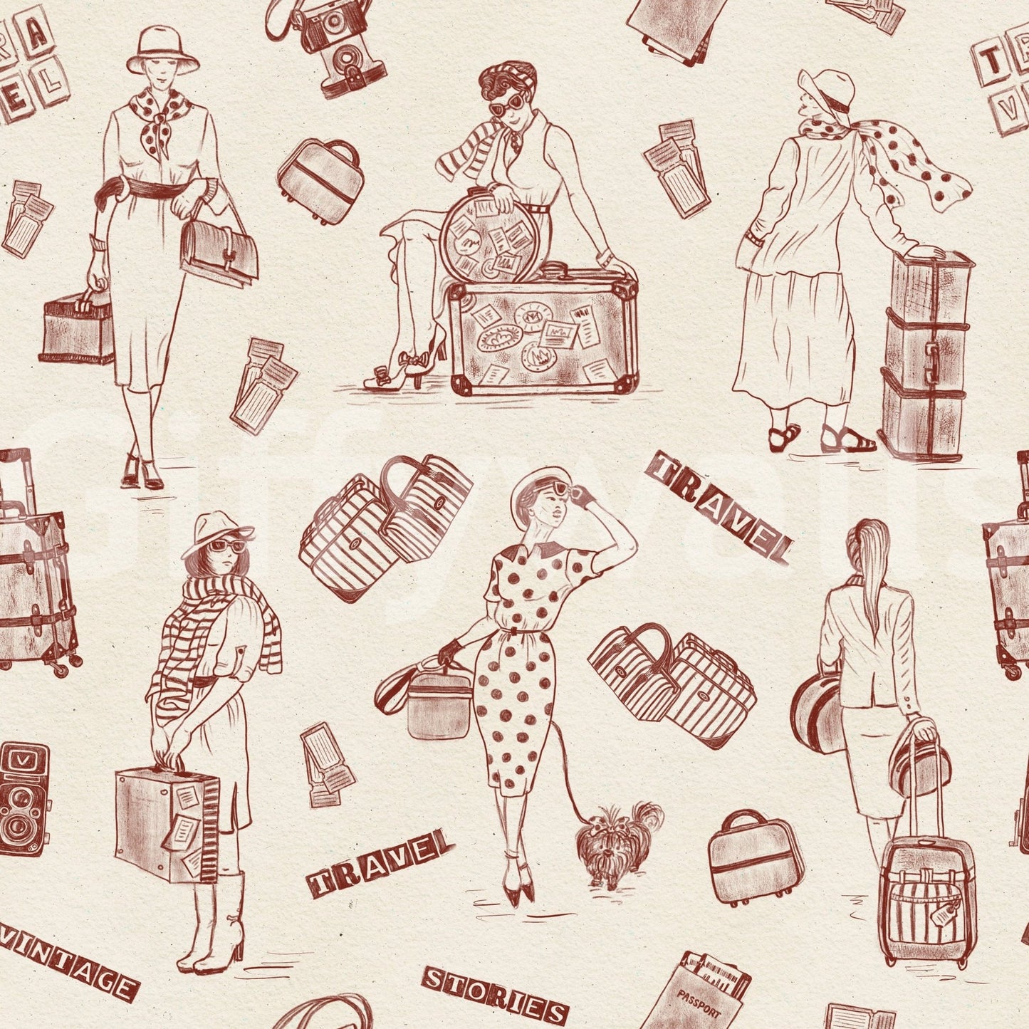 Vintage women traveling on Timeless Tales Wallpaper print.