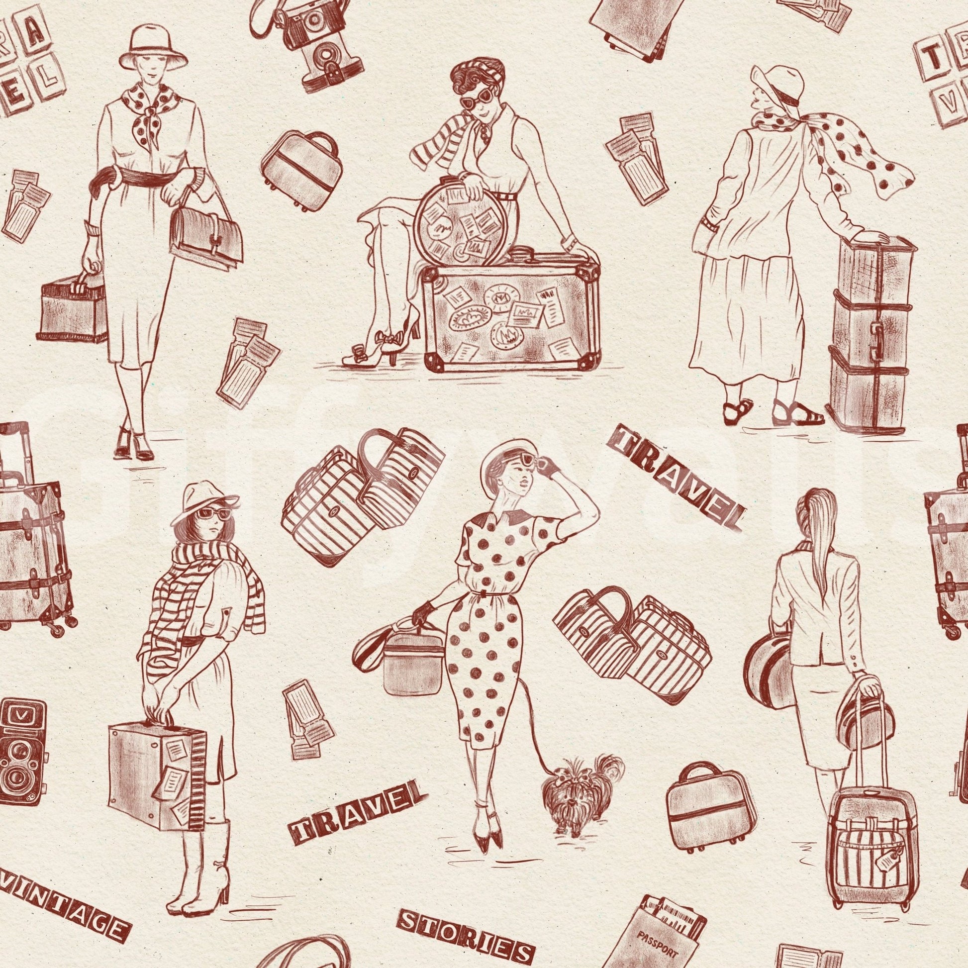 Vintage women traveling on Timeless Tales Wallpaper print.