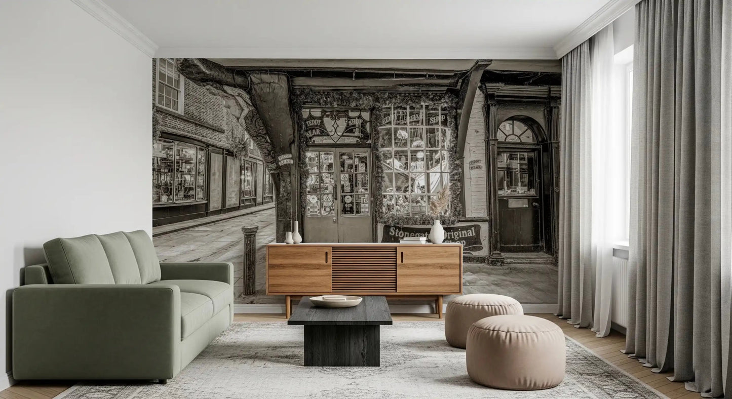 Living corner with Timeless Toy Storefront Wall Mural and vintage facade artwork