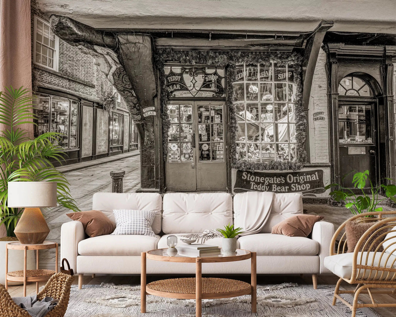 Living room with Timeless Toy Storefront Wall Mural and a vintage shopfront scene