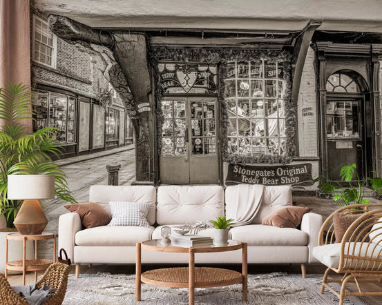 Living room with Timeless Toy Storefront Wall Mural and a vintage shopfront scene, GD8887