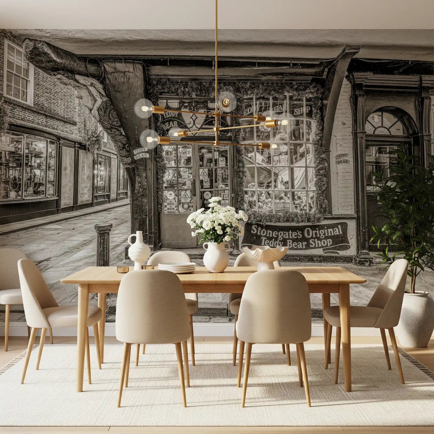 Dining area with Timeless Toy Storefront Wall Mural and classic storefront details