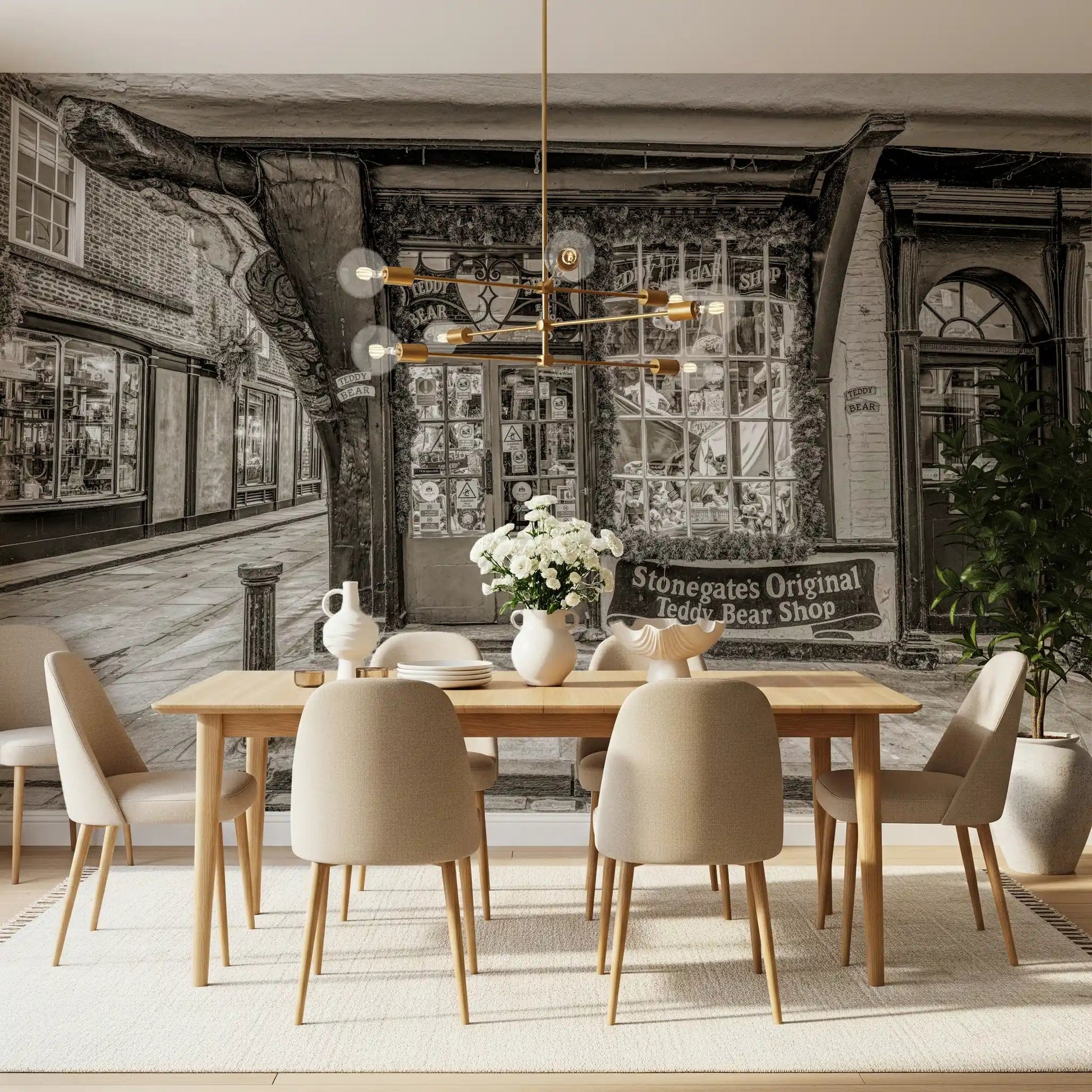 Dining area with Timeless Toy Storefront Wall Mural and classic storefront details