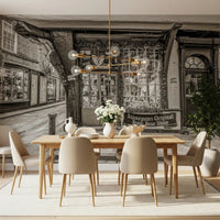 Dining area with Timeless Toy Storefront Wall Mural and classic storefront details