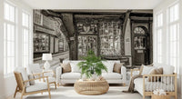 Bright living room with Timeless Toy Storefront Wall Mural and antique shop detail