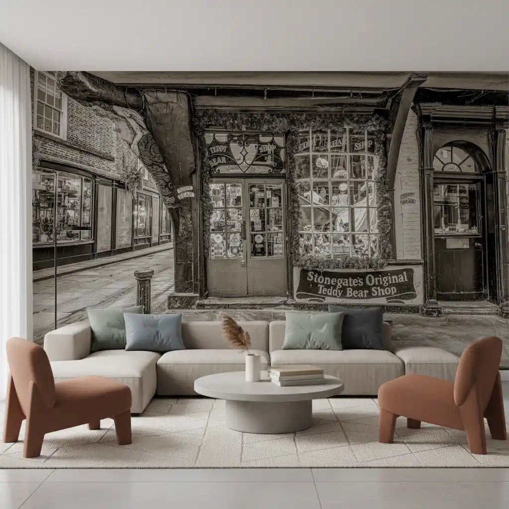 Lounge with Timeless Toy Storefront Wall Mural and detailed old market architecture