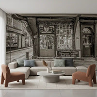Lounge with Timeless Toy Storefront Wall Mural and detailed old market architecture