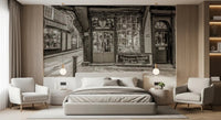 Bedroom with Timeless Toy Storefront Wall Mural and a softly aged street scene