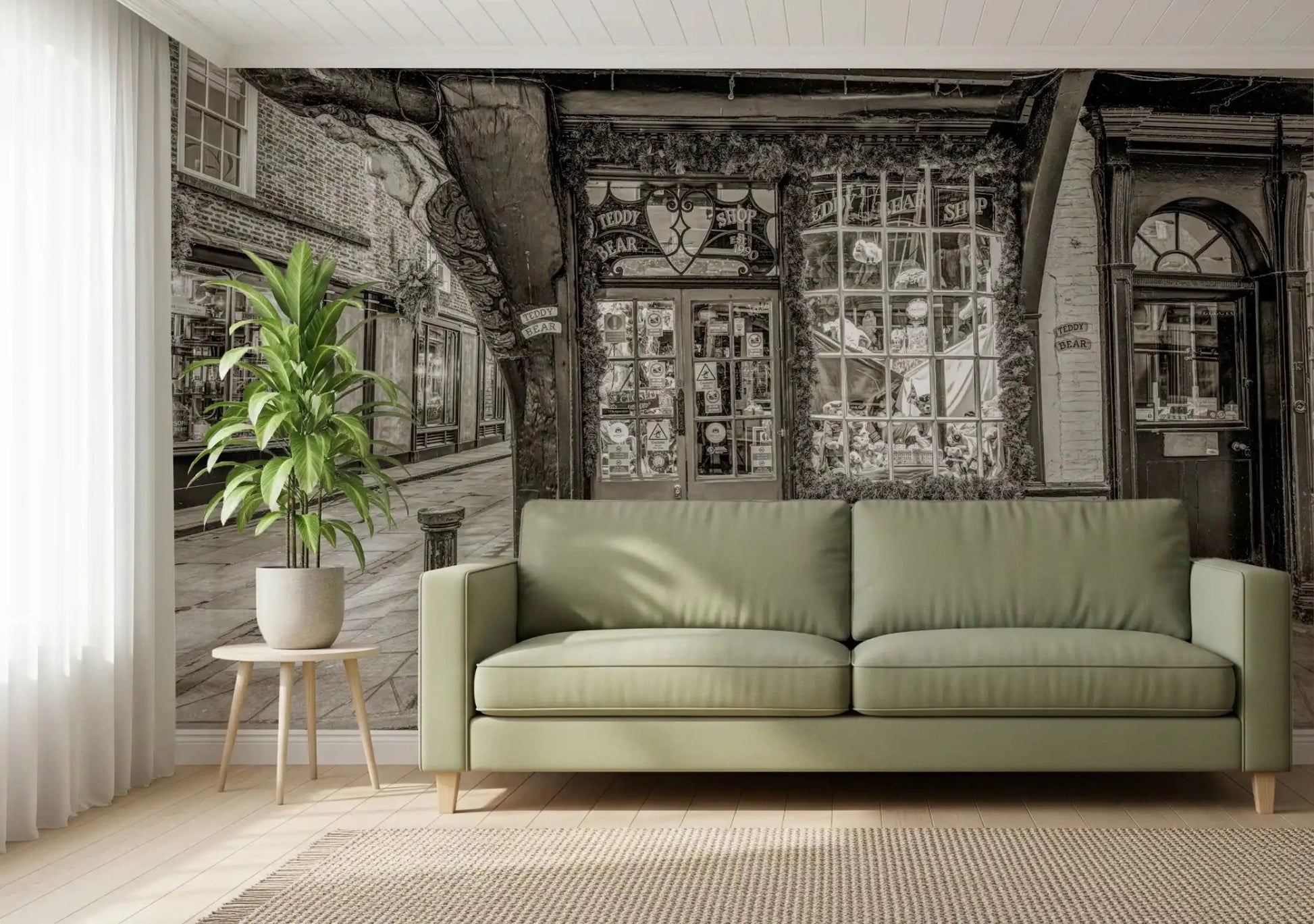 Sitting room with Timeless Toy Storefront Wall Mural and nostalgic shopfront charm