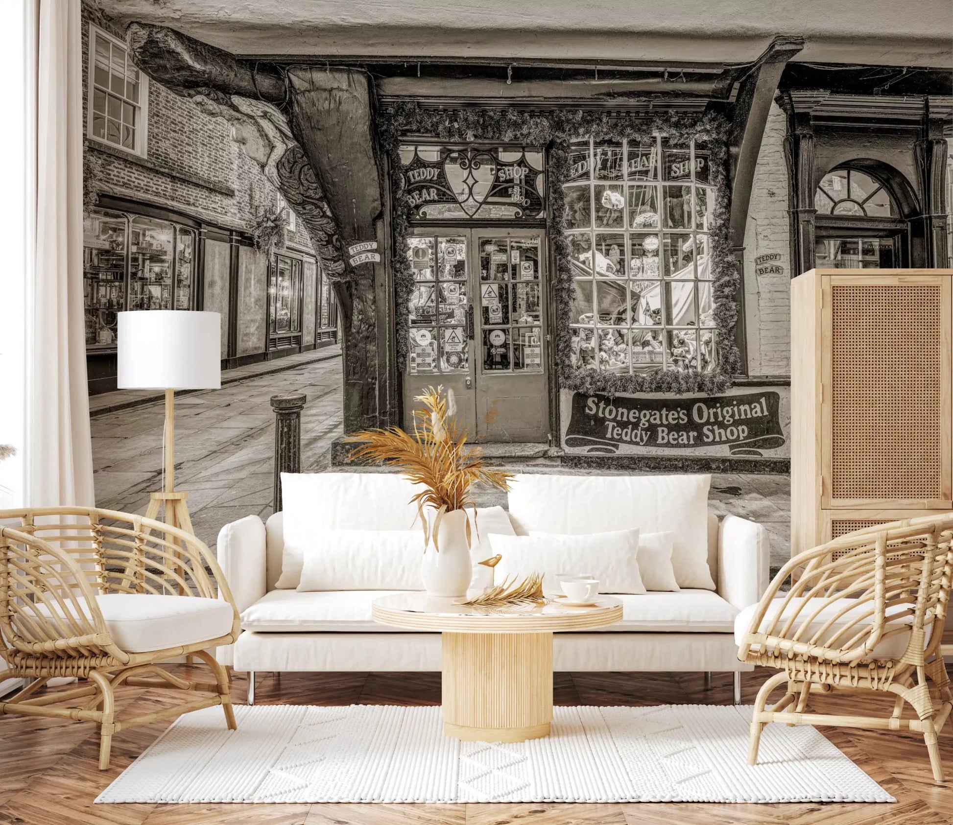 Hallway  with Timeless Toy Storefront Wall Mural and historic market textures