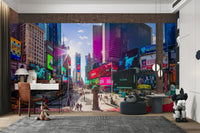 An energetic wall mural with a view of Times Square at night.

