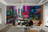 Bright, colorful digital billboards and signs are glowing.

