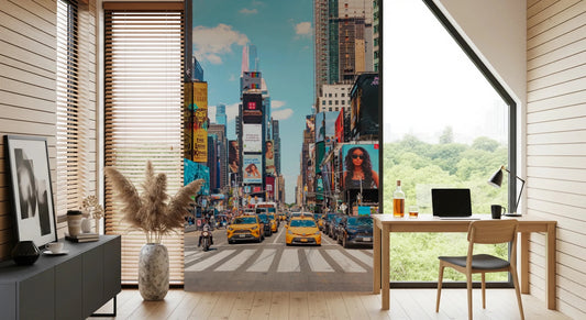 Office wall with Times Square Buzz wall mural and towering ad screens