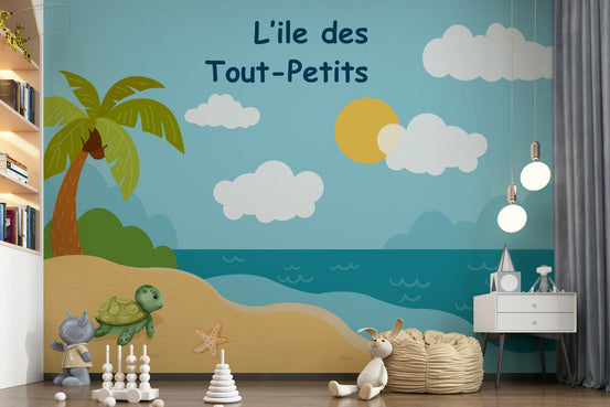 Island turtle wall mural in pastel colours for children’s playroom wall, GD7533