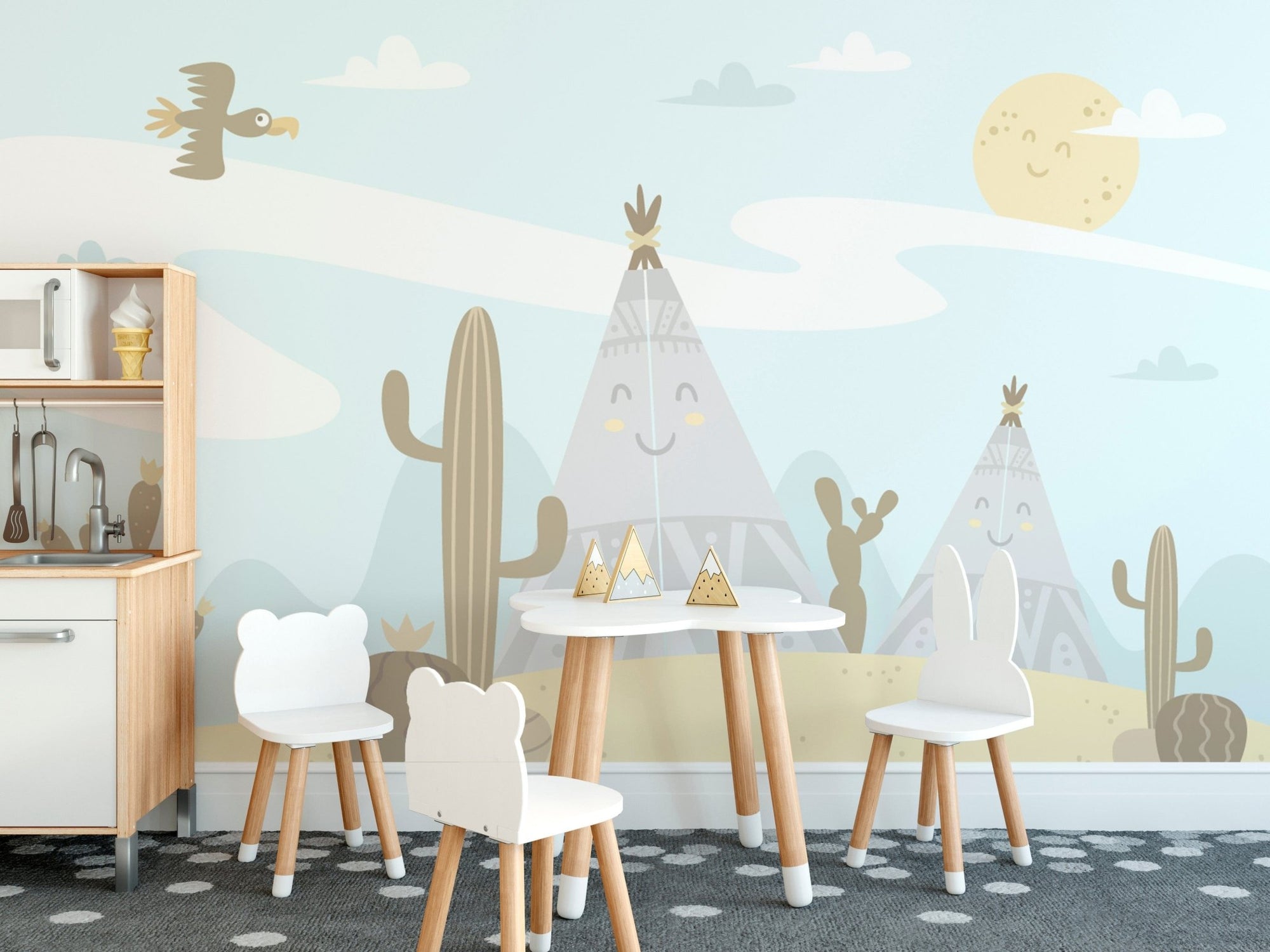 Cartoon-style mountain and sky nursery wallpaper mural A641