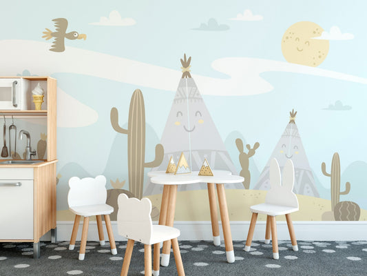 Cartoon-style mountain and sky nursery wallpaper mural A641