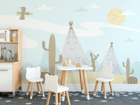 Cartoon-style mountain and sky nursery wallpaper mural
