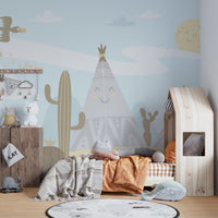 Playful mountains and sky wallpaper mural for kids room
