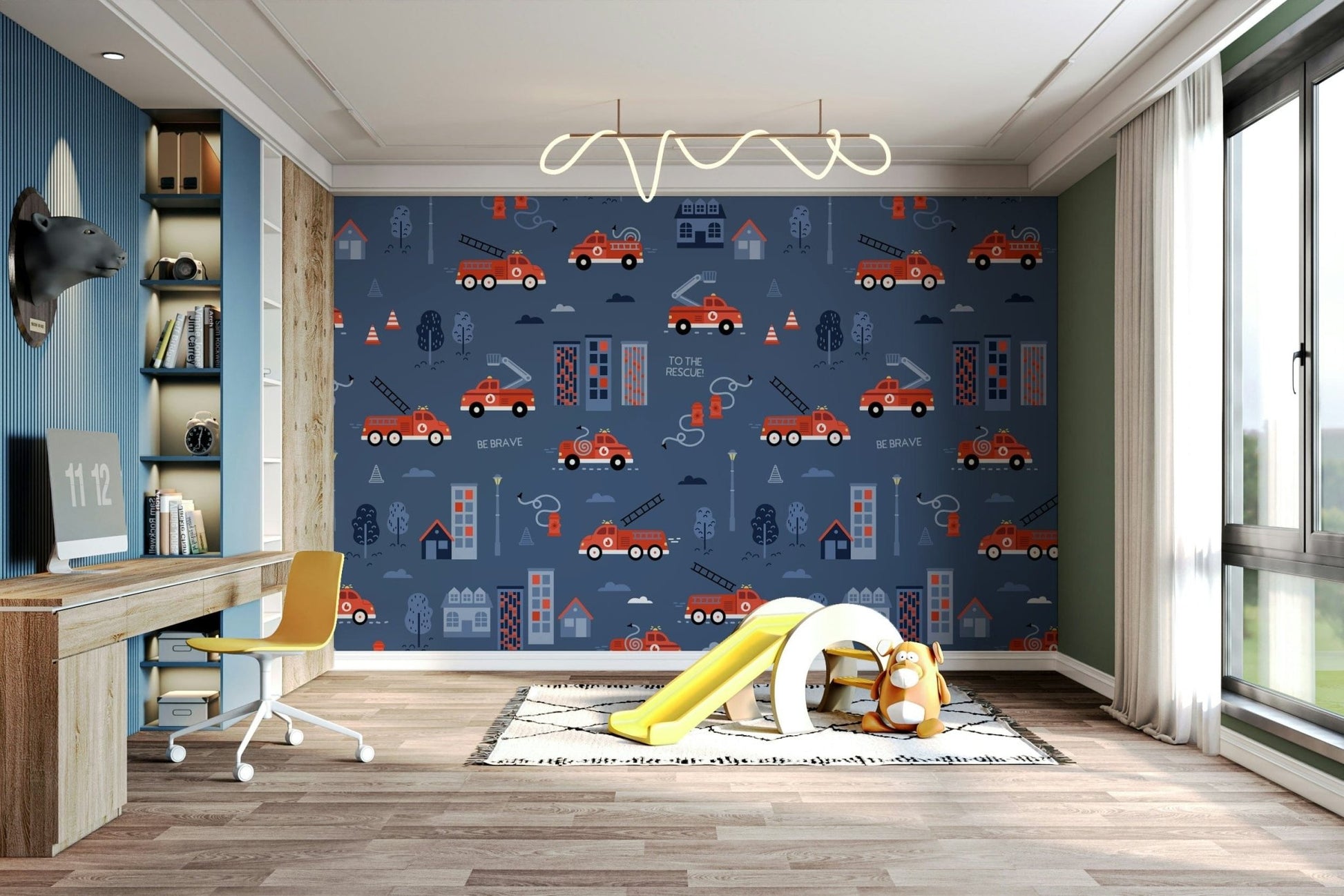 kids wall mural with red fire trucks