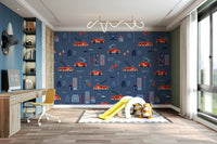 kids wall mural with red fire trucks