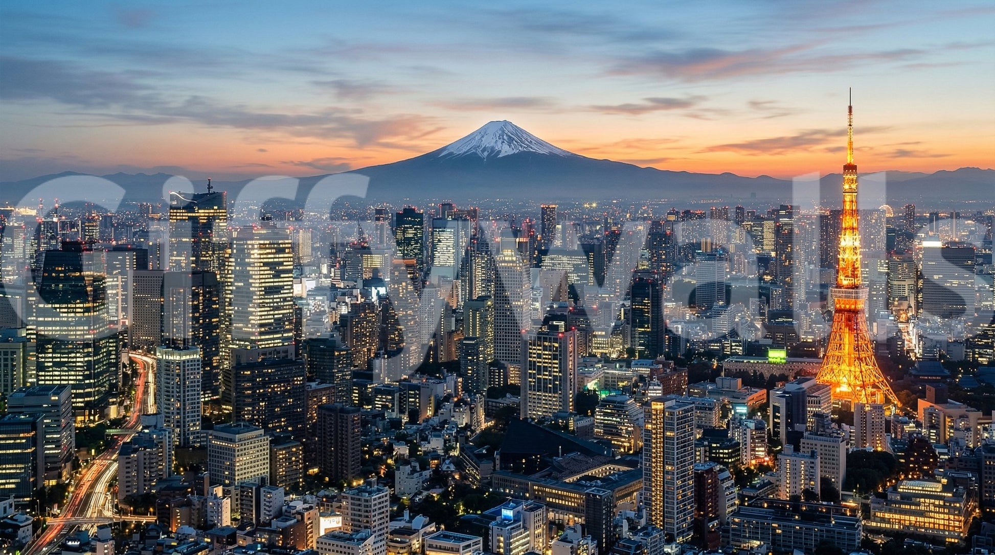 Interior space using Tokyo Fuji wall mural skyline and warm sky, GD9225