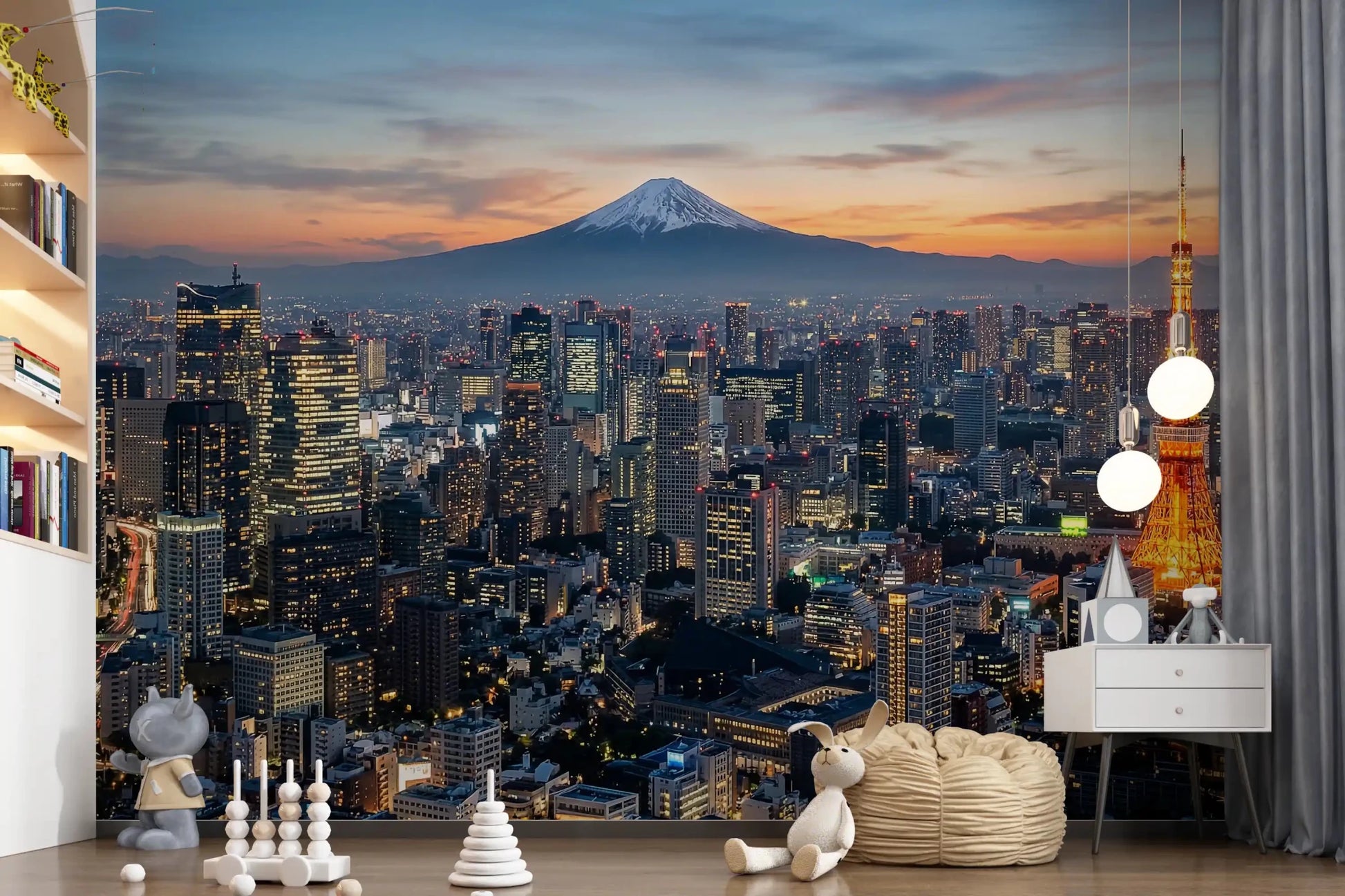 Sitting room shows Tokyo Fuji wall mural with evening city lights, GD9225
