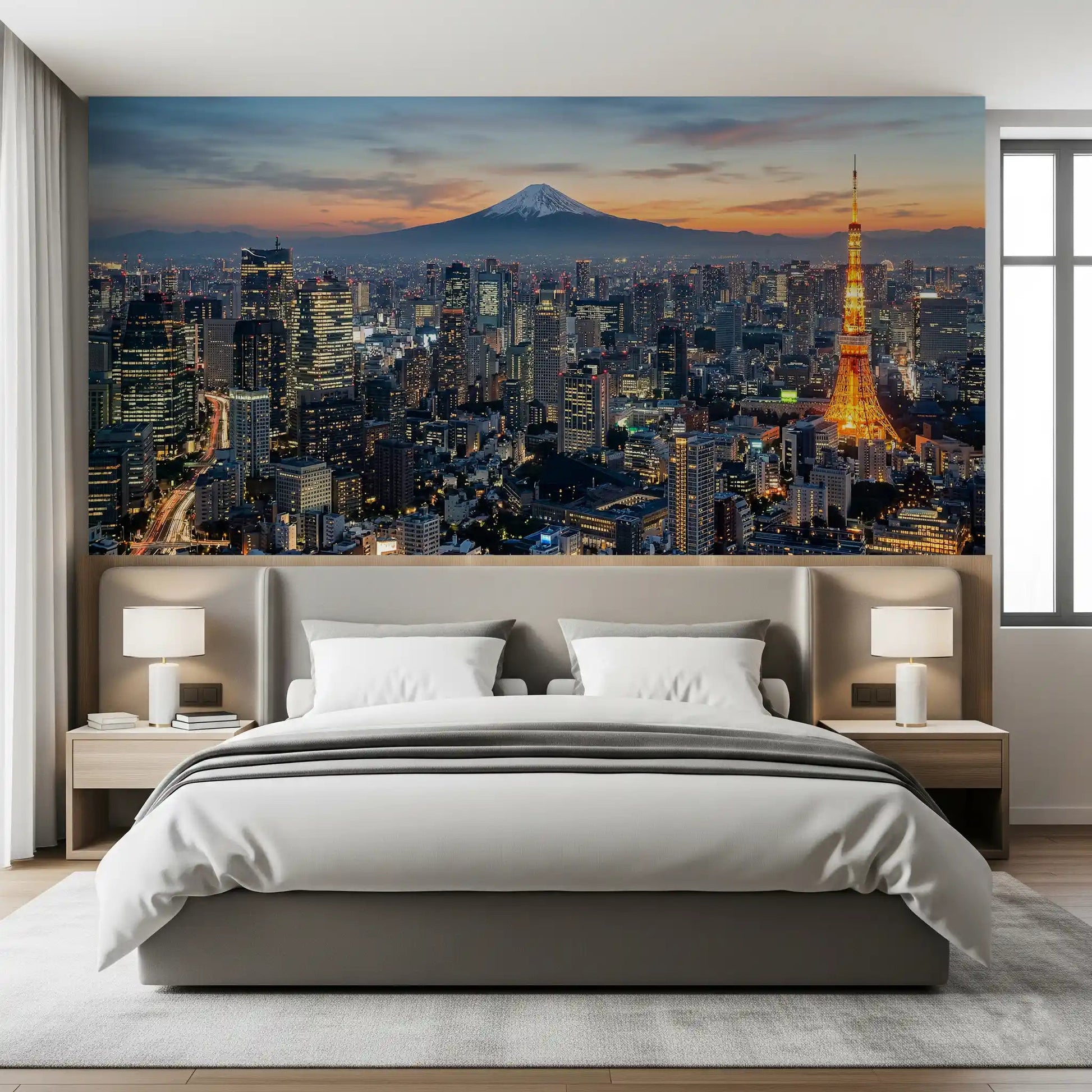 Bedroom styled with Tokyo Fuji wall mural city lights and sunset view, GD9225