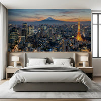 Bedroom styled with Tokyo Fuji wall mural city lights and sunset view, GD9225
