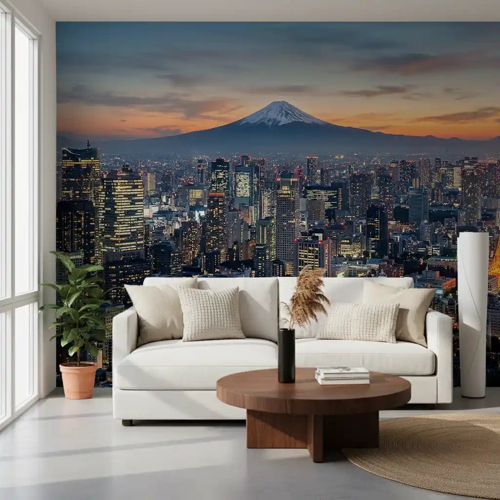 Living room with Tokyo Fuji wall mural showing skyline and tower glow, GD9225