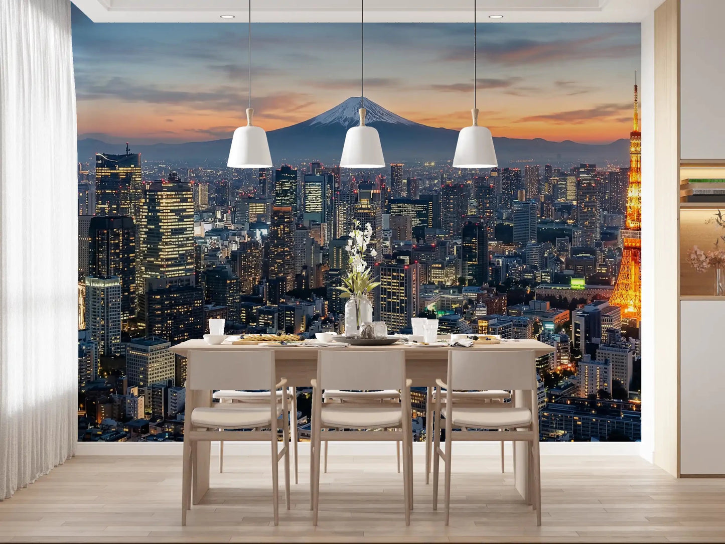 Dining room shows Tokyo Fuji wall mural skyline and glowing tower, GD9225