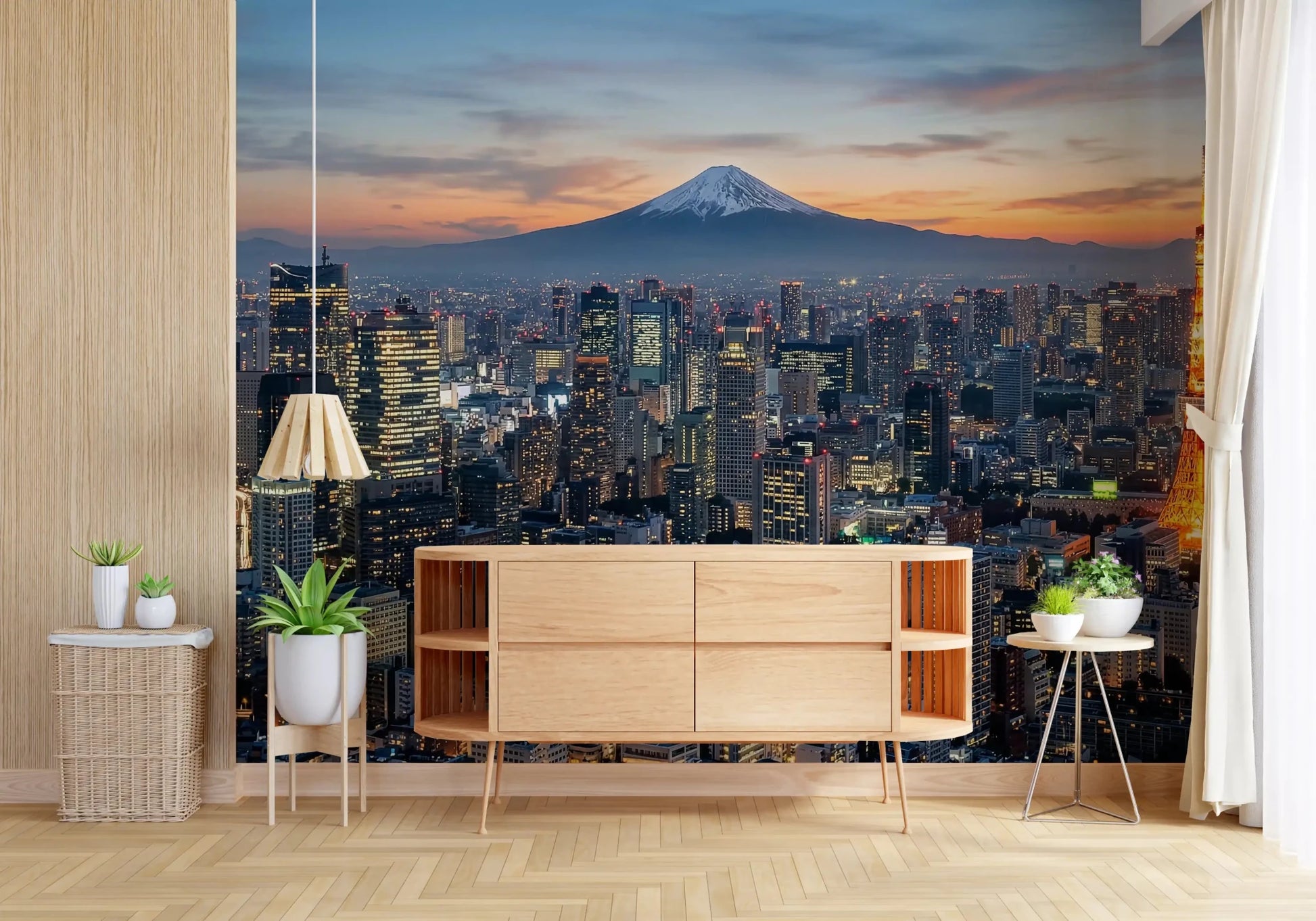 Workspace featuring Tokyo Fuji wall mural with lit skyline scene, GD9225