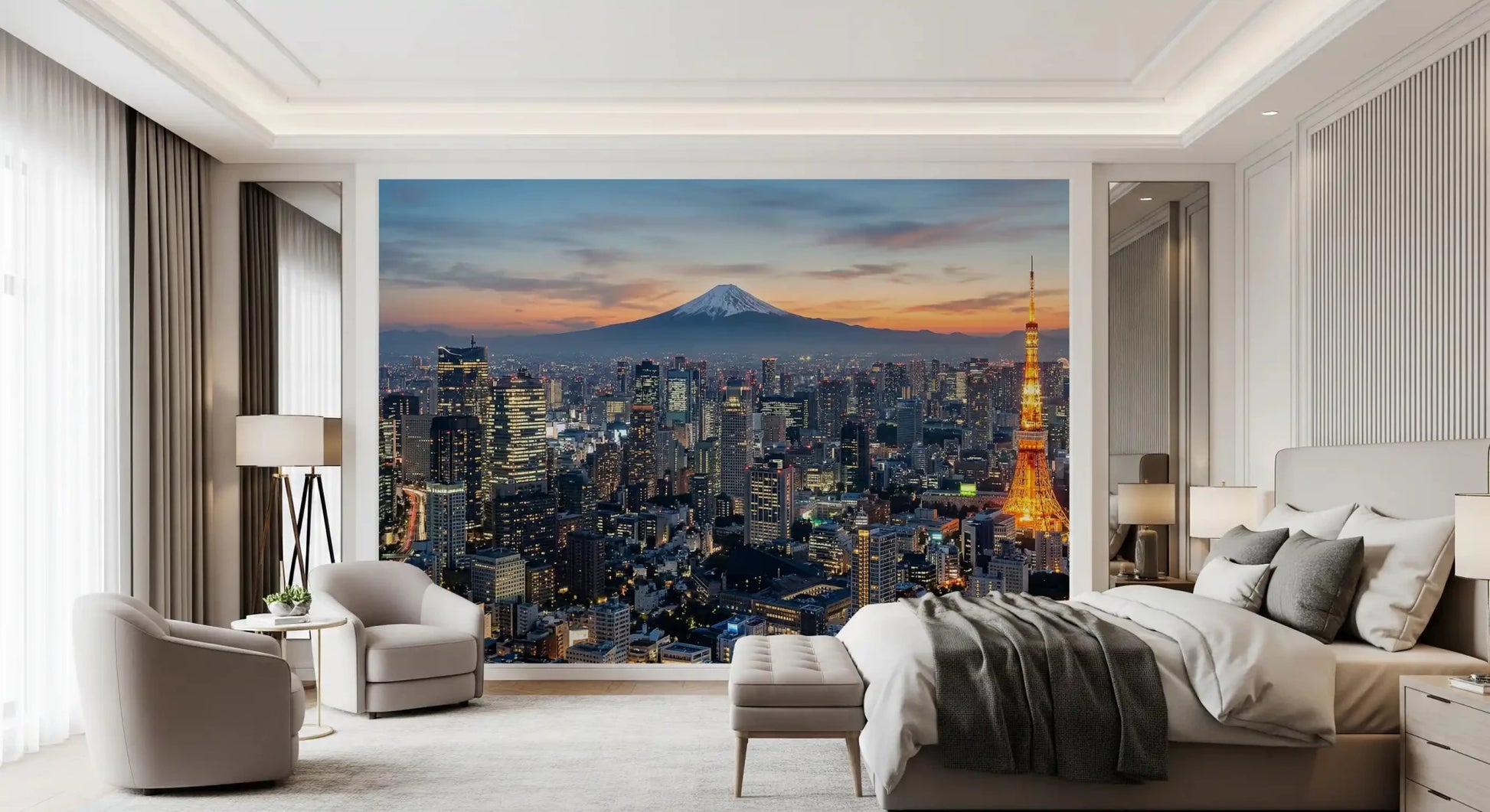 Modern room styled with Tokyo Fuji wall mural cityscape detail, GD9225