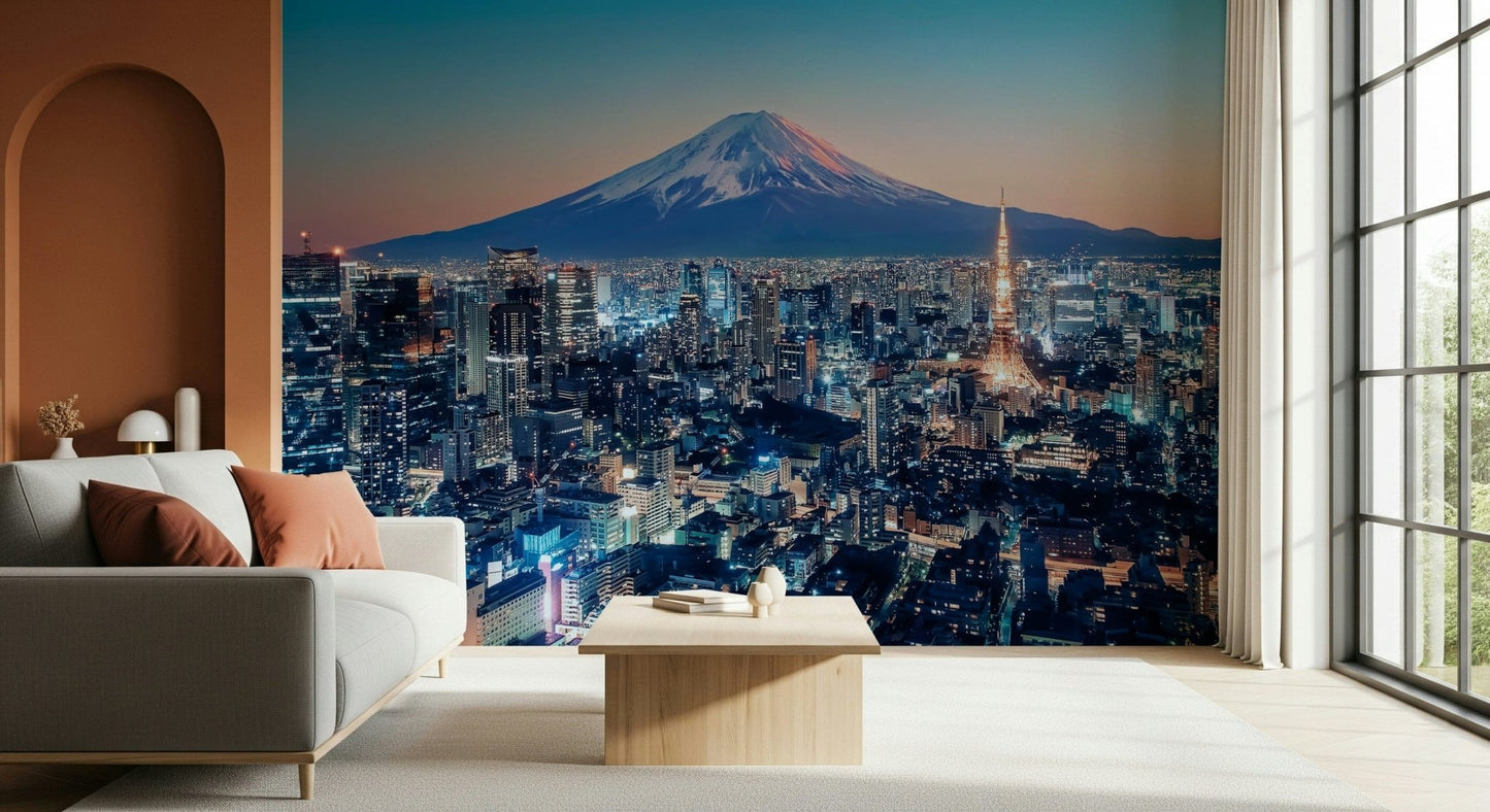 In this sitting room, Tokyo Twilight Wall Mural adds city depth and evening color