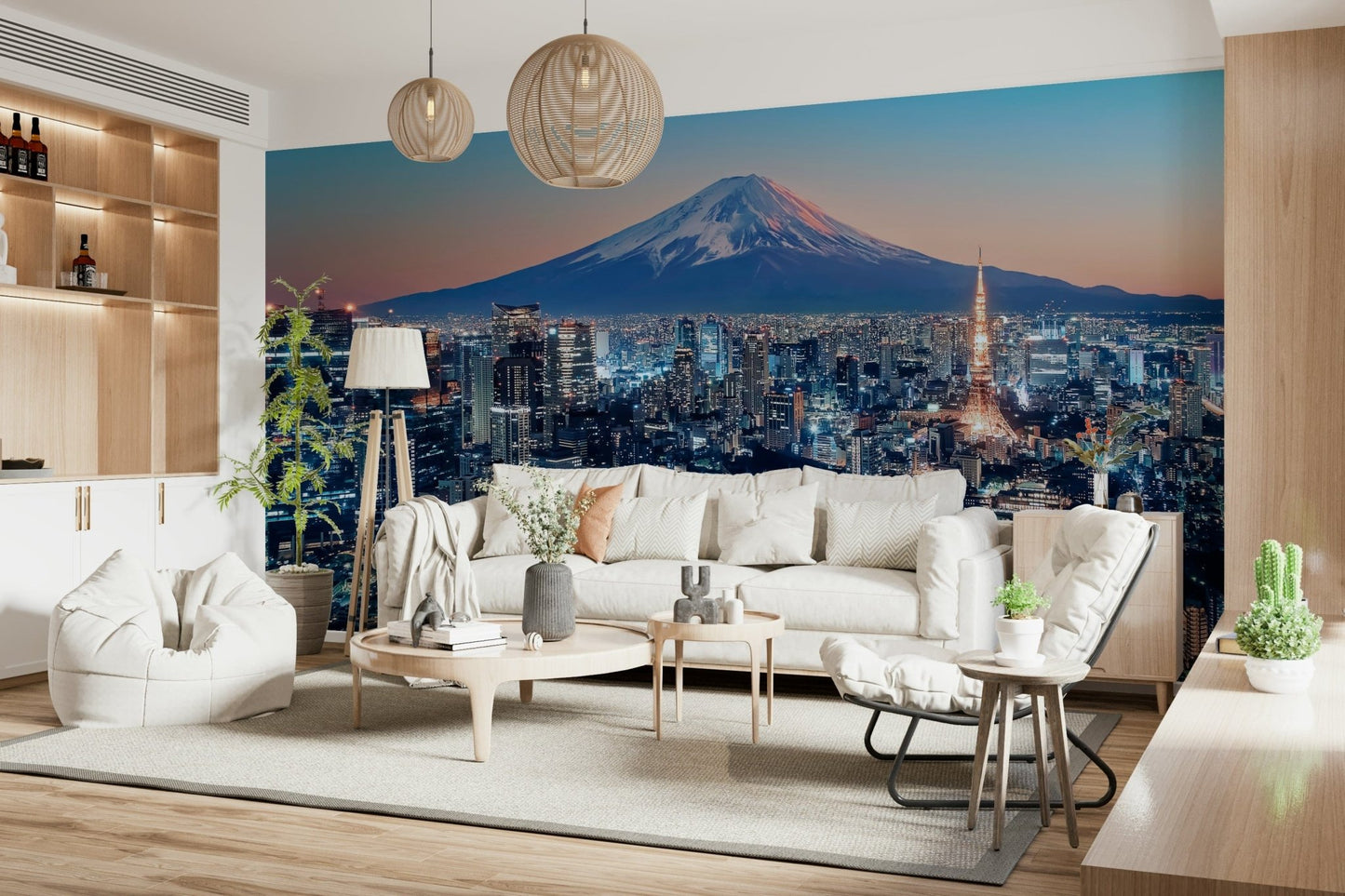 A bright living area softened by Tokyo Twilight Wall Mural and twilight skyline lights