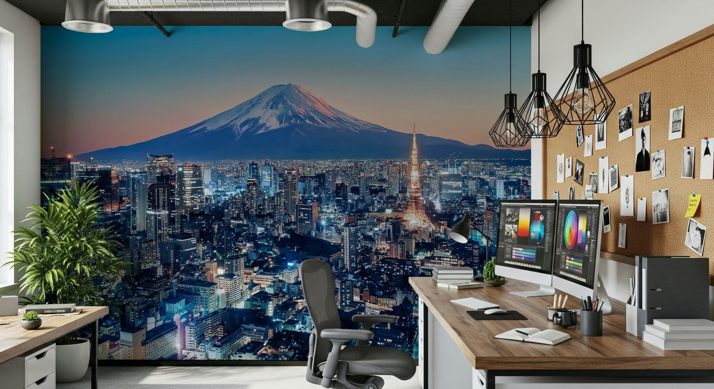 A creative workspace paired with Tokyo Twilight Wall Mural and luminous city detail