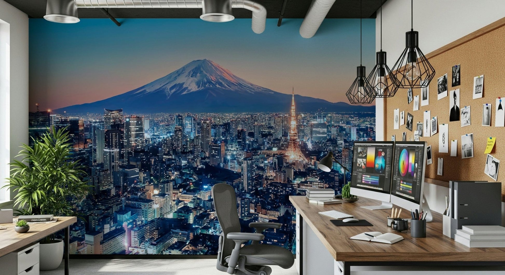 A creative workspace paired with Tokyo Twilight Wall Mural and luminous city detail