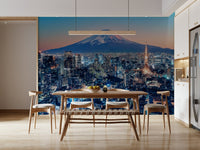 Tokyo Twilight Wall Mural creates a sleek skyline backdrop for this dining space
