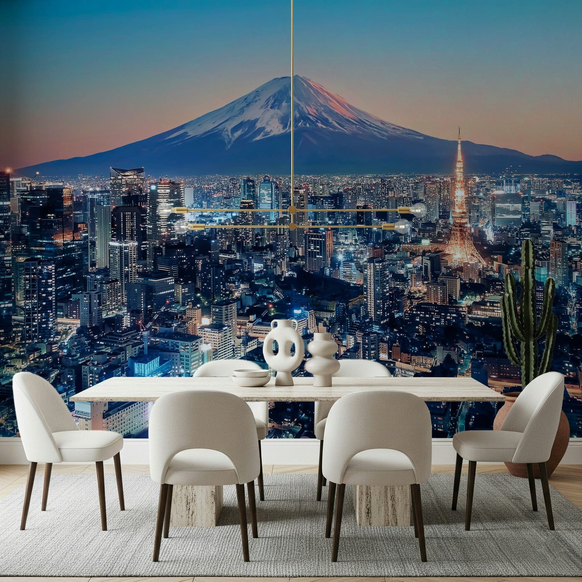 A modern dining room framed by Tokyo Twilight Wall Mural and Mount Fuji at dusk, GD7955