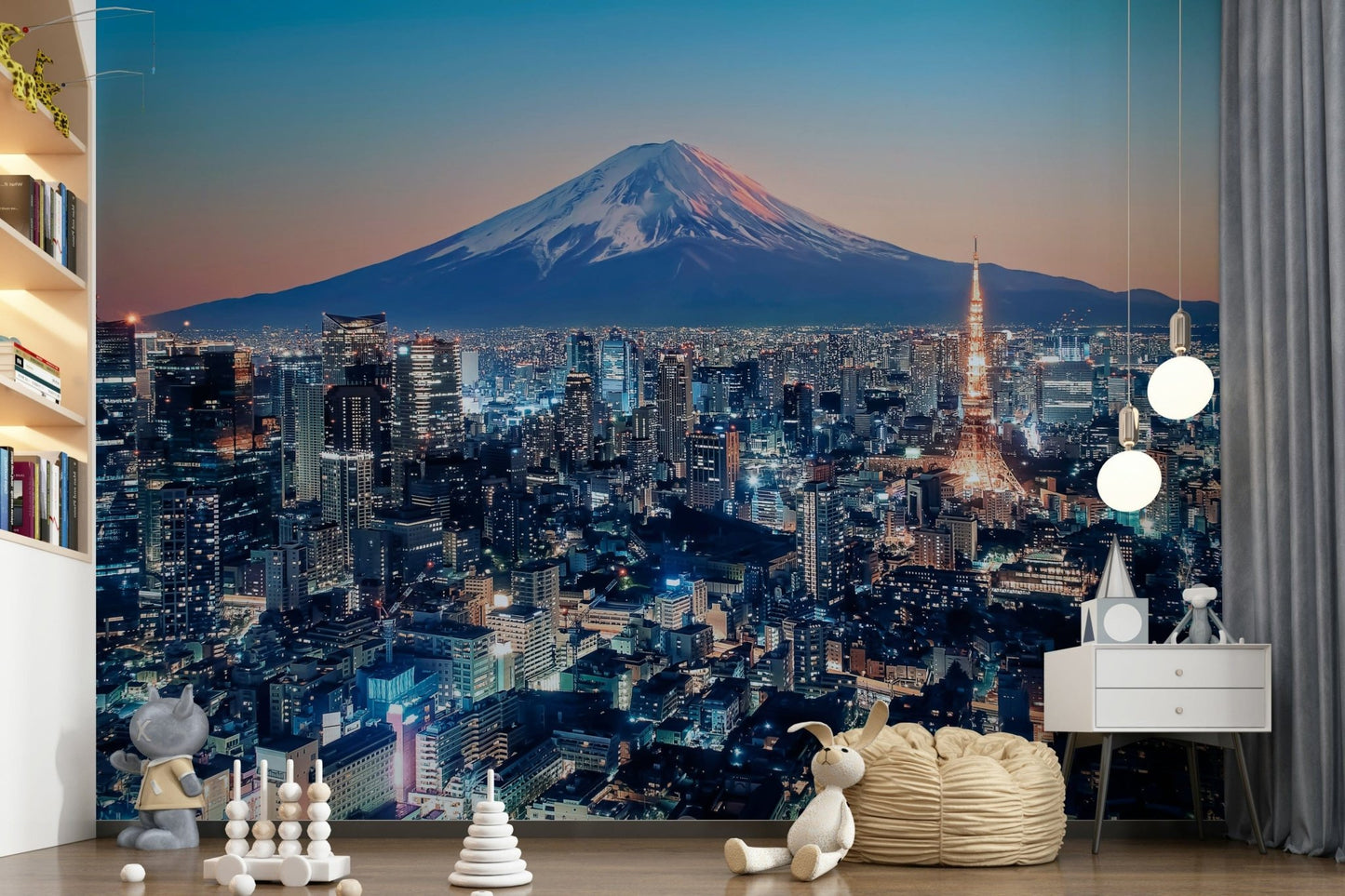 The Playroom with Tokyo Twilight Wall Mural and its mountain skyline view