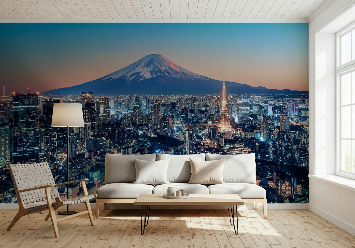 Tokyo Twilight Wall Mural brings a bold city-and-Fuji view into this open lounge