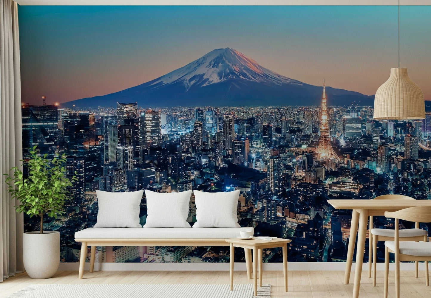 This bench seating corner feels more scenic with Tokyo Twilight Wall Mural and dusk glow