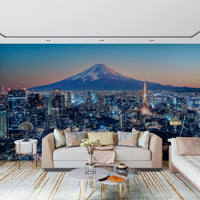 Tokyo Twilight Wall Mural gives this lounge a glowing skyline and mountain backdrop