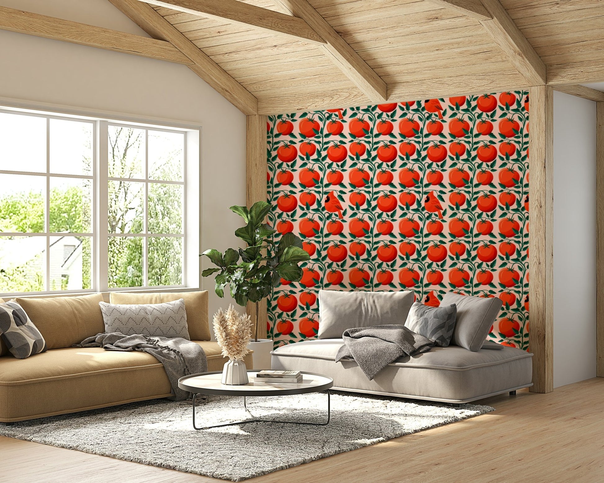 Kitchen wallpaper with tomatoes and bird


