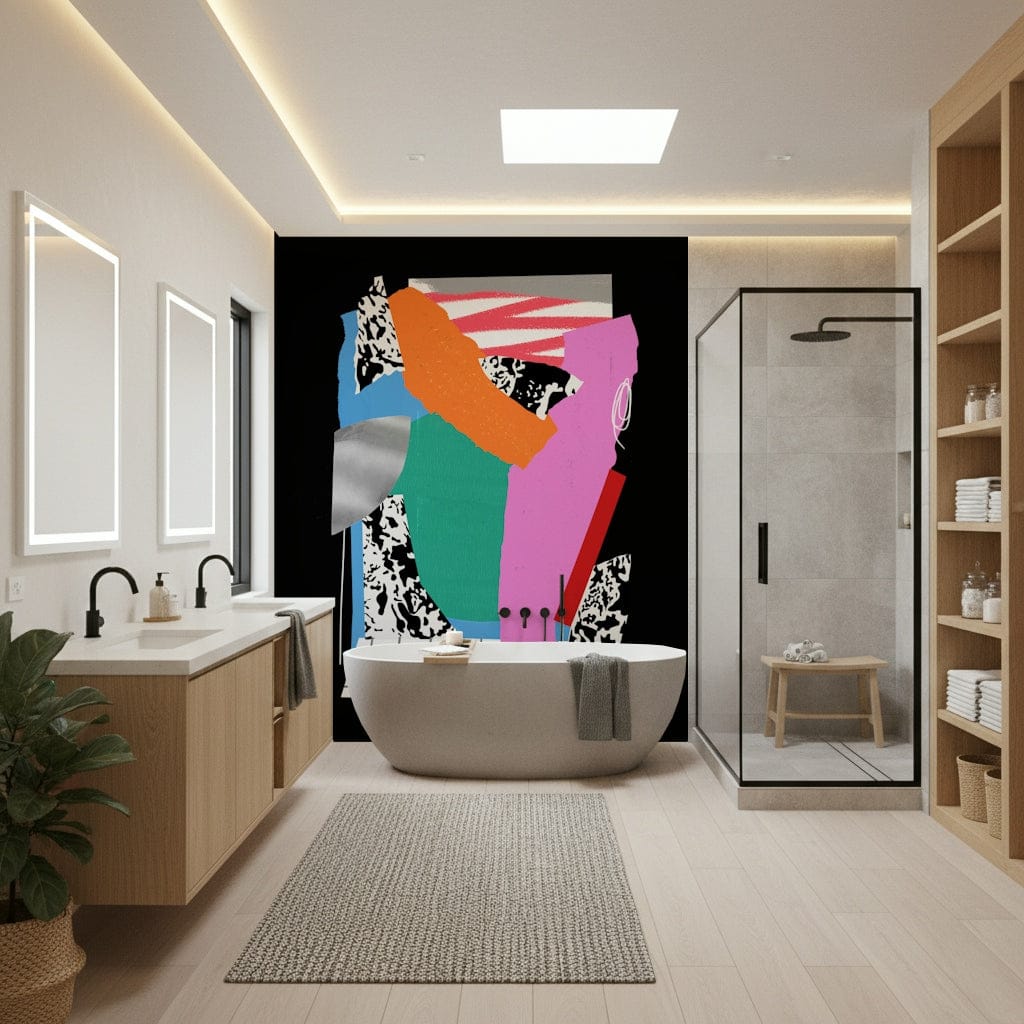 Modern lounge area featuring a soft earthy mural on a large accent wall.