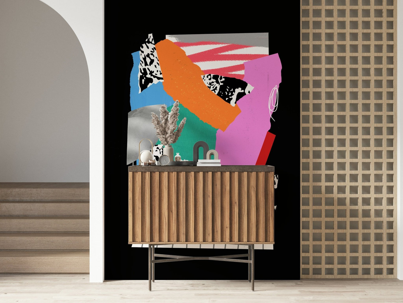 Subtle textured wallpaper for a modern bedroom featuring light oak furniture and soft linens.