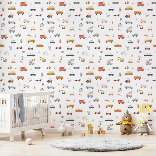 Toot-Toot! Transportation Fun Wallpaper brightens a nursery with playful vehicle repeats